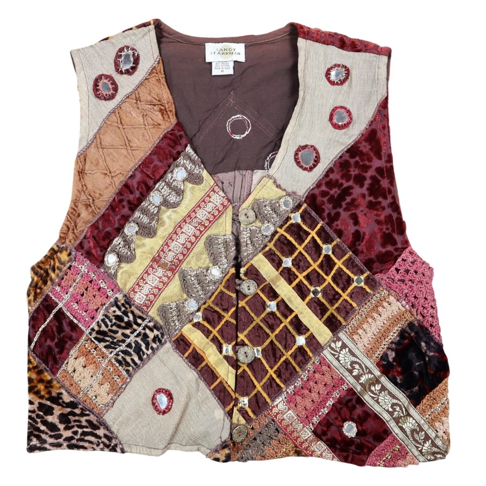 Sandy Starkman Patchwork Vest Womens M Vintage 90s Velvet Embellished Boho Brown